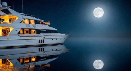 Luxury yacht at night under moonlight reflecting in the water