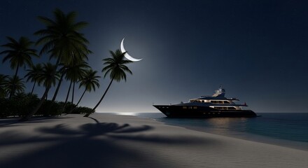 Luxury yacht anchored near tropical island at night under crescent moon