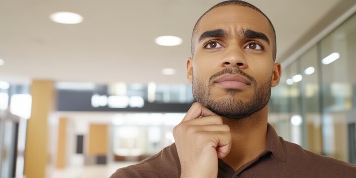 A man with a beard is looking up at the ceiling. He is wearing a brown shirt and has his hands on his neck. Concept of contemplation and introspection