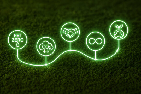 Green net zero and carbon reduction environmental concept roadmap illustrating sustainability, circular economy, and eco-friendly earth planting initiatives on grass