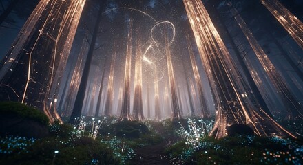 Magical forest landscape with glowing trees and fairy lights