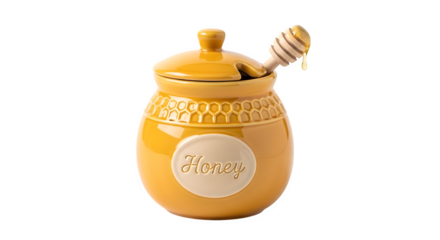 Honey pot with dipper isolated on transparent background, a charming and functional container for storing and serving honey with a touch of sweetness