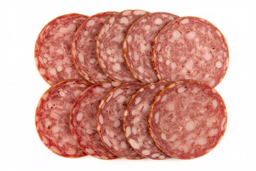 Sliced salami sausage meat food photography on white background closeup view