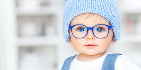 A baby wearing blue glasses and a blue hat. The baby is smiling and looking at the camera