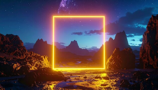 Neon orange square glows above landscape of mountains and rocks - Powered by Adobe