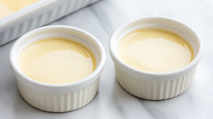 Delicate custard desserts, served in charming white ramekins, await a golden caramel crust. A simple yet elegant treat, perfect for any occasion. Indulge in creamy perfection.