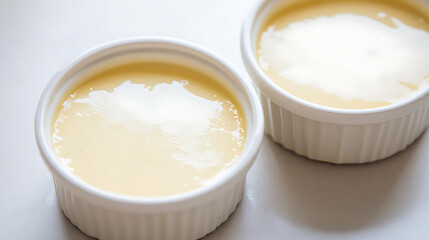 Two ramekins filled with a smooth, creamy custard dessert sit side-by-side. The creamy custard is presented in white ramekins, evoking a sense of simple indulgence and treat.