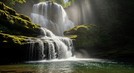 Majestic waterfall cascading down mossy rocks in lush forest
