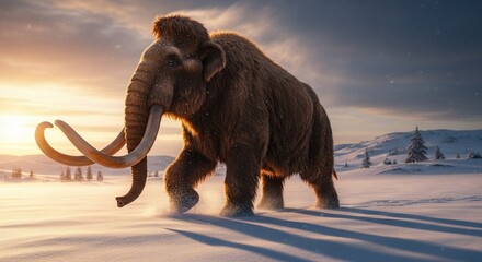 Majestic woolly mammoth walking in a winter landscape