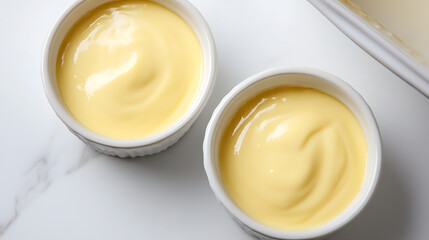 Elegant ramekins filled with velvety, pale-yellow custard on a pristine white marble surface, the perfect dessert. Smooth texture and creamy look. Simple presentation, appealing dessert.