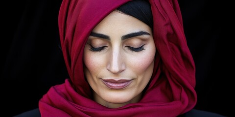 A woman wearing a red scarf is looking at the camera. The scarf is draped over her head and neck, covering her face. The woman's expression is serious and contemplative