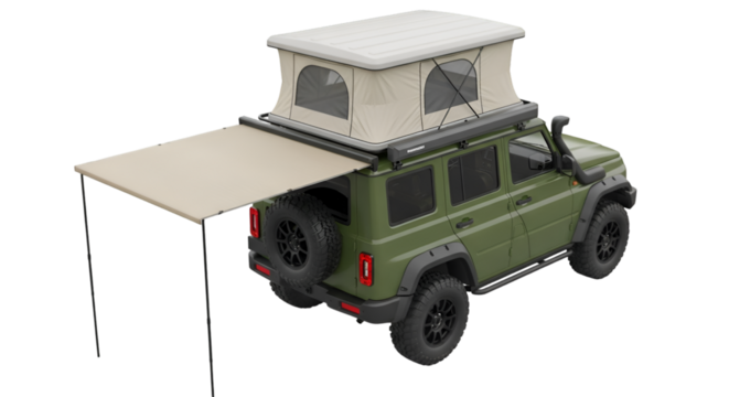 Green Off- Road Vehicle with Pop- Up Tent and Awning