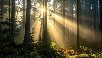 Obraz premium Sunlight Rays Shining Through Dense Forest Trees Creating a Magical Atmosphere with Green Foliage and Forest Floor in Early Morning Light