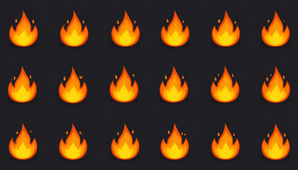 A seamless, repeating pattern of simple fire icons on a solid black background.

