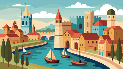 Fototapeta premium A glimpse into the rich history of the city with centuriesold buildings lining the canal as boats navigate through the bustling waterway.