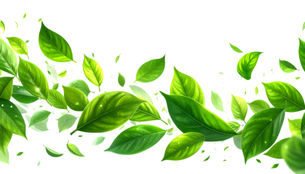Dynamic Flying Leaves with Soft Glow and Motion Blur, Eco Energy Symbol, Transparent Background, PNG