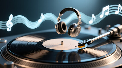 A turntable spins a vinyl record with headphones floating above, set against a backdrop of musical waveforms, symbolizing the immersive experience of music and audio technology