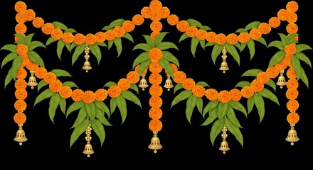 Orange marigold flower garlands with green leaves and gold bells image
