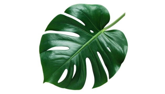Single Fresh Monstera Leaf with Natural Shadows, Tropical Plant Element, Transparent Background, PNG