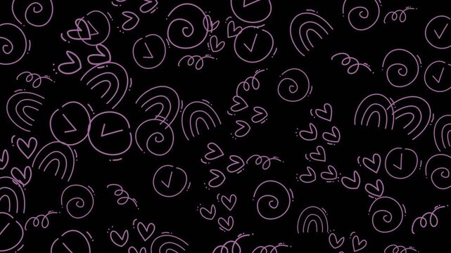Seamless Vector Lineart Pattern Featuring Whimsical Clouds Hearts Rainbows and Spirals in Soft Pink