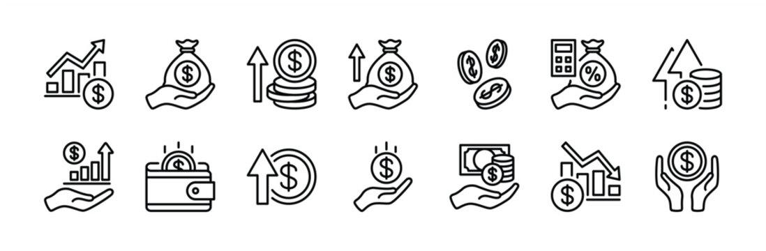 Revenue line icon set. Contains money, income, salary, finance, up arrow profit growth, savings, earnings, cash, bonus, payment, currency, decline chart, accounting, bank, market - vector illustration