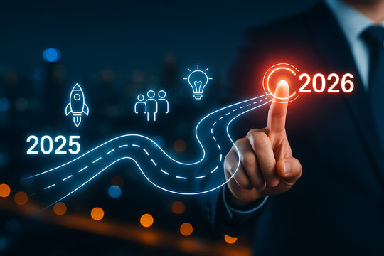 Future roadmap for business success from 2025 to 2026 showing icons for start-up, team, idea, and goal achievement, with a person pointing at the end target - Powered by Adobe