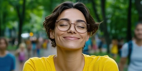 A woman wearing glasses is smiling and looking at the camera. She is wearing a yellow shirt. Concept of happiness and positivity