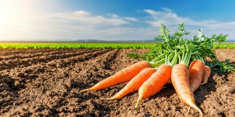 A bunch of carrots are on the ground in a field. The carrots are fresh and ready to be harvested