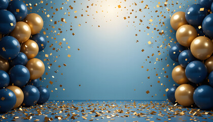 A festive celebration background with blue and gold balloons, and gold confetti on a gradient blue backdrop.
