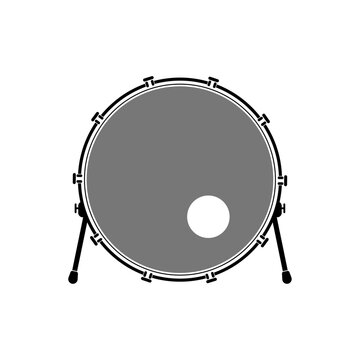 Minimalist black and white bass drum with port hole, front view, on stand, musical instrument.