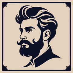 Vintage Gentleman Vector Illustration: Bearded Man Portrait with Swirling Hairstyle in Elegant Border for Fashion Branding