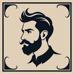 Art Deco Gentleman Vector Design: Profile Portrait of Bearded Man with Stylish Hair and Ornamental Border for Branding