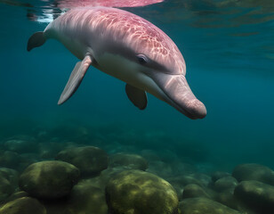 Fototapeta premium A stunning shot showcases a pink Amazon river dolphin gracefully emerging from the water., close up of a pink dolphin in swimming pool