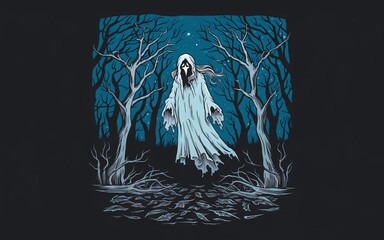 Ethereal ghostly figure appears amongst bare trees in a dark enchanted forest