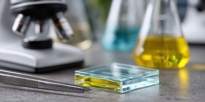microscope slide preparation, sharp focus on prepared slide, cover slip, and lab tools for a high-quality close-up commercial for microscope equipment - Powered by Adobe