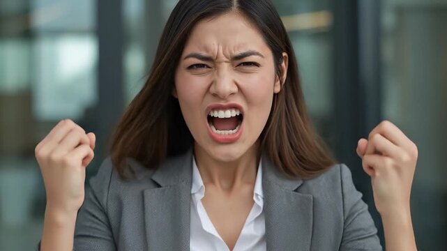 Enraged businesswoman screaming in frustration with clenched fists, expressing extreme anger and stress in a corporate environment
