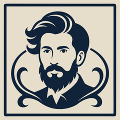 Classic Gentleman Vector Graphic: Portrait of a Bearded Man with Curly Border Accents for Premium Branding and Design