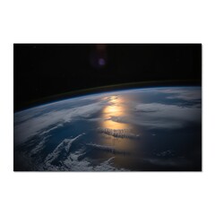 Fototapeta premium Earth view from space stock photo: planet, atmosphere, clouds, oceans, sun reflection, stars