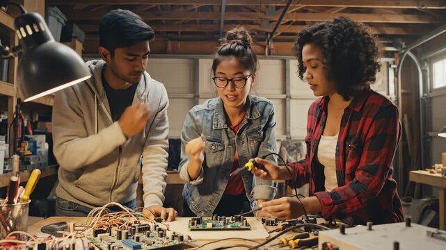 Multiethnic Students Repair Electronic Circuit Board in Workshop