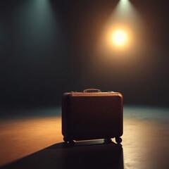 suitcase in a spotlight in a large dark room