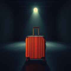 suitcase in a spotlight in a large dark room