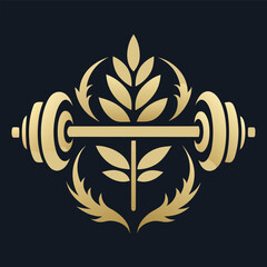 Luxurious Golden Barbell Weightlifting Emblem Fitness Gym Design: Athletic Lifestyle Strength Training and Physical Wellness