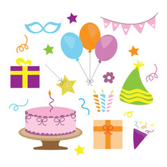 Birthday Party Celebration icon Set with Cake, Balloons, Presents, and Decorations