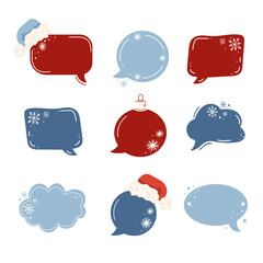 Set of speech  bubbles in red and blue colors, decorated with snowflakes, dots and Santa hats. Set of speech icons for holiday messages, winter greetings and holiday graphics on social networks.