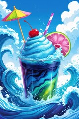 cool blue mocktail cocktail with ice and cherry on the top