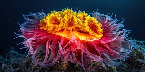 A large, colorful sea flower with a pink and yellow center. The flower is surrounded by a blue and green background