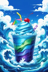 cool blue mocktail cocktail with ice and cherry on the top