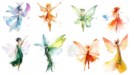 Colorful fairies in watercolor style, joyful and whimsical