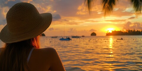 A woman wearing a straw hat is looking out at the ocean. The sun is setting, and the water is calm