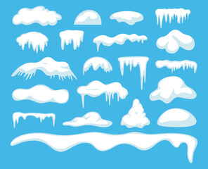 Winter Decoration Vector Collection with Snow Caps, Snowdrifts, Icicles, and Snowy Frames Ideal for Christmas and New Year Holiday Illustrations and Seasonal Design Projects